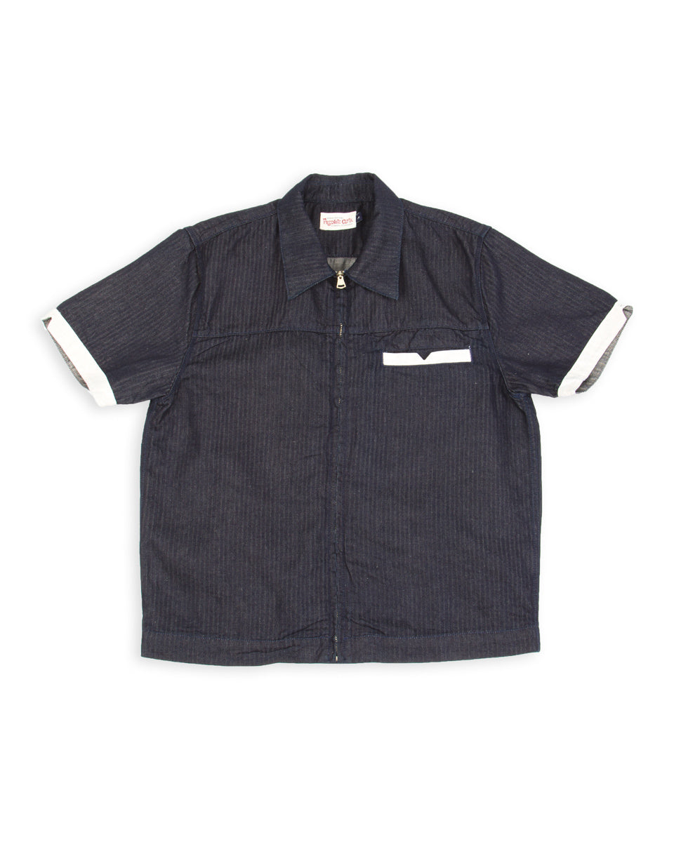 Freenote Yorba Zip S/S Shirt - Navy Herringbone - Standard & Strange
