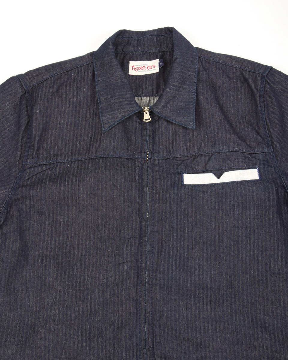 Freenote Yorba Zip S/S Shirt - Navy Herringbone - Standard & Strange