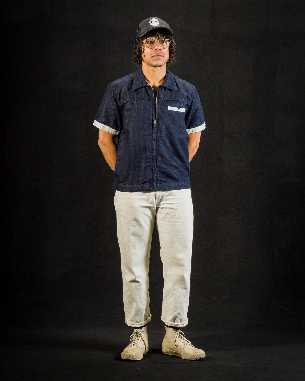 Freenote Yorba Zip S/S Shirt - Navy Herringbone - Standard & Strange