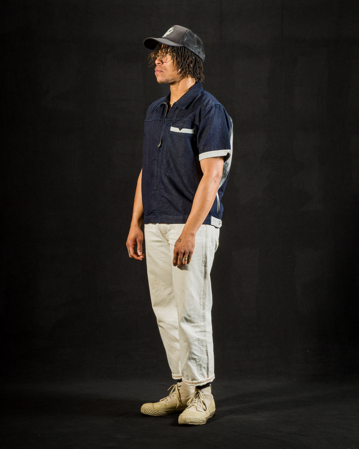 Freenote Yorba Zip S/S Shirt - Navy Herringbone - Standard & Strange