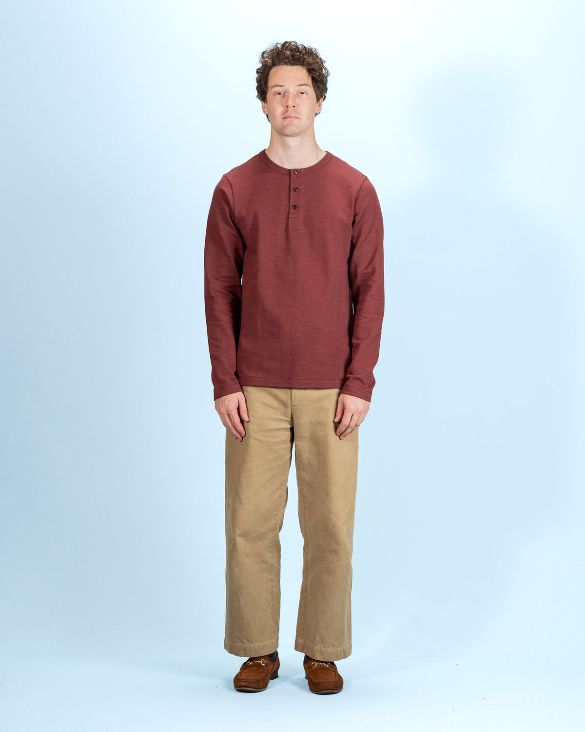 Merz b. Schwanen 2S08 Loopwheeled Relaxed Fit Heavyweight L/S Henley - Burgundy - Standard & Strange
