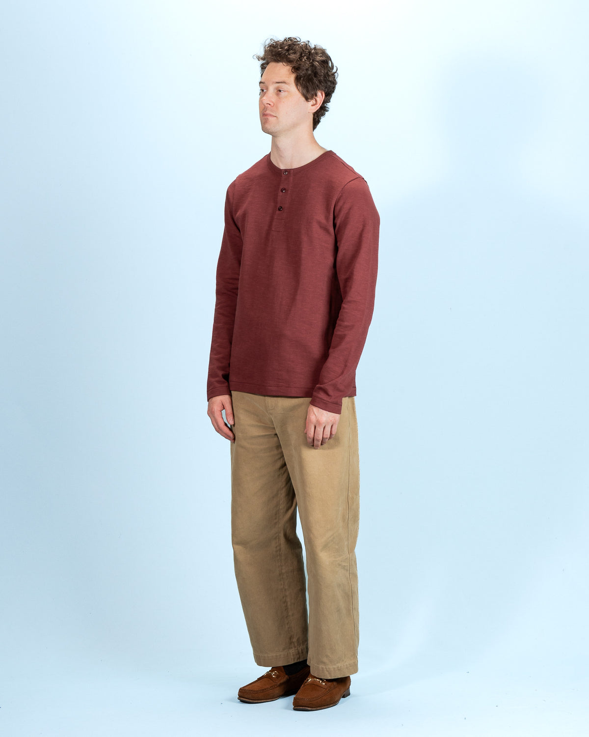 Merz b. Schwanen 2S08 Loopwheeled Relaxed Fit Heavyweight L/S Henley - Burgundy - Standard & Strange