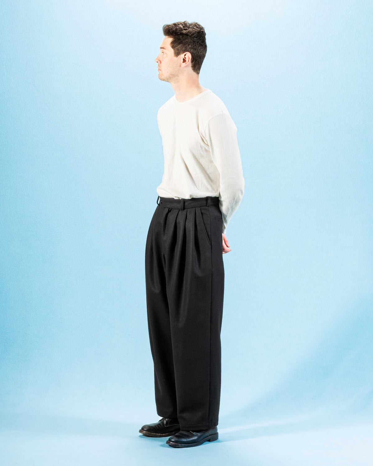 Monitaly Triple Tuck Wide Pants - Solid Black Wool Flannel - Standard & Strange