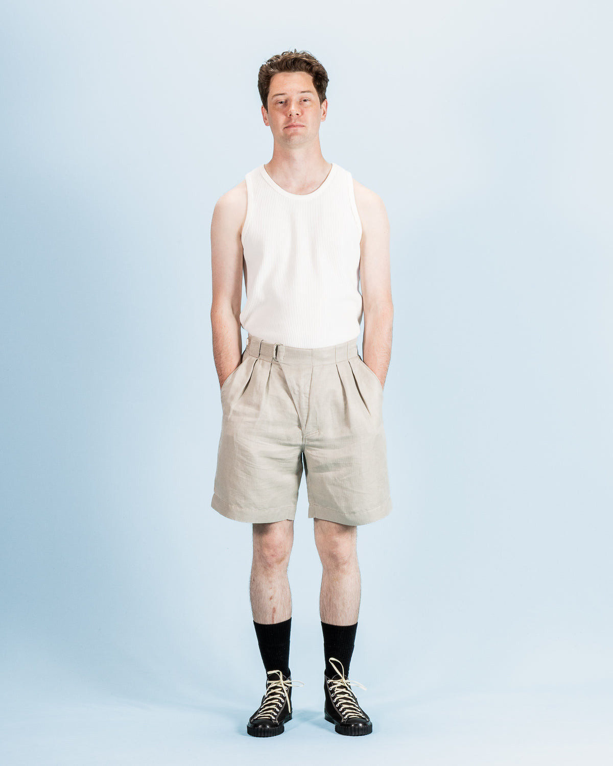MotivMfg Oblique Shorts - Natural Silk Linen Fine HBT - Standard & Strange