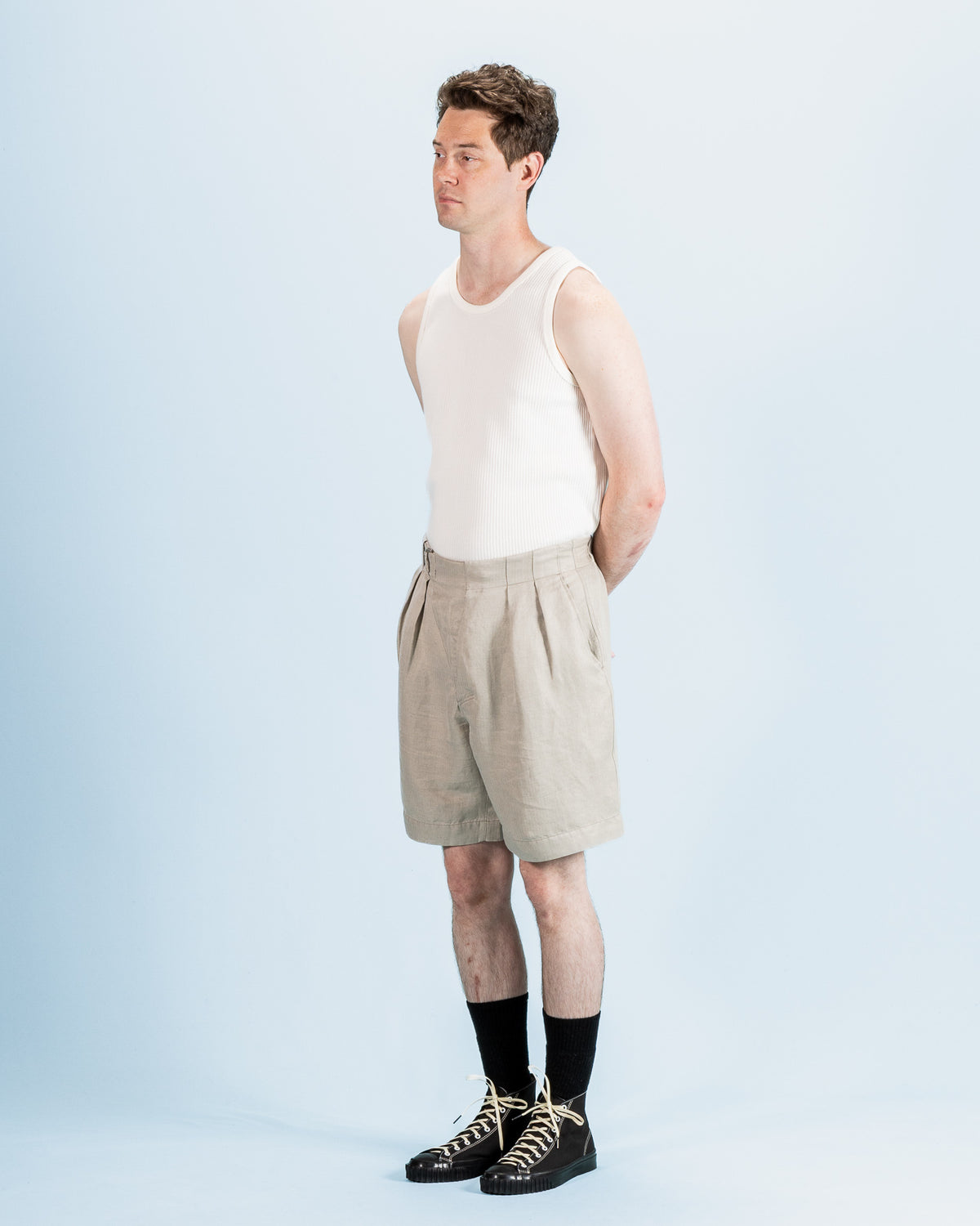 MotivMfg Oblique Shorts - Natural Silk Linen Fine HBT - Standard & Strange