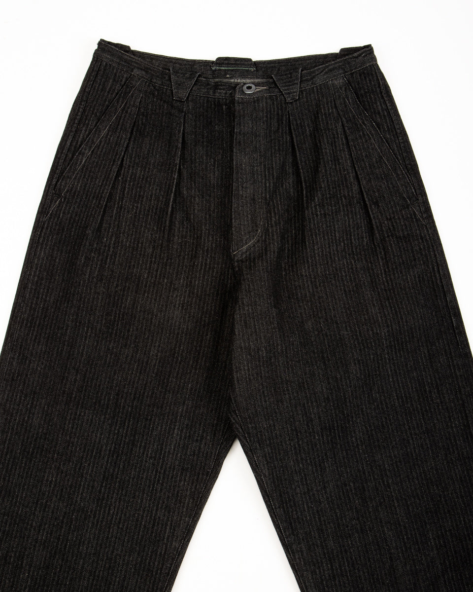 MotivMfg Pleat Denim Trousers - Black Herringbone Denim - Standard & Strange