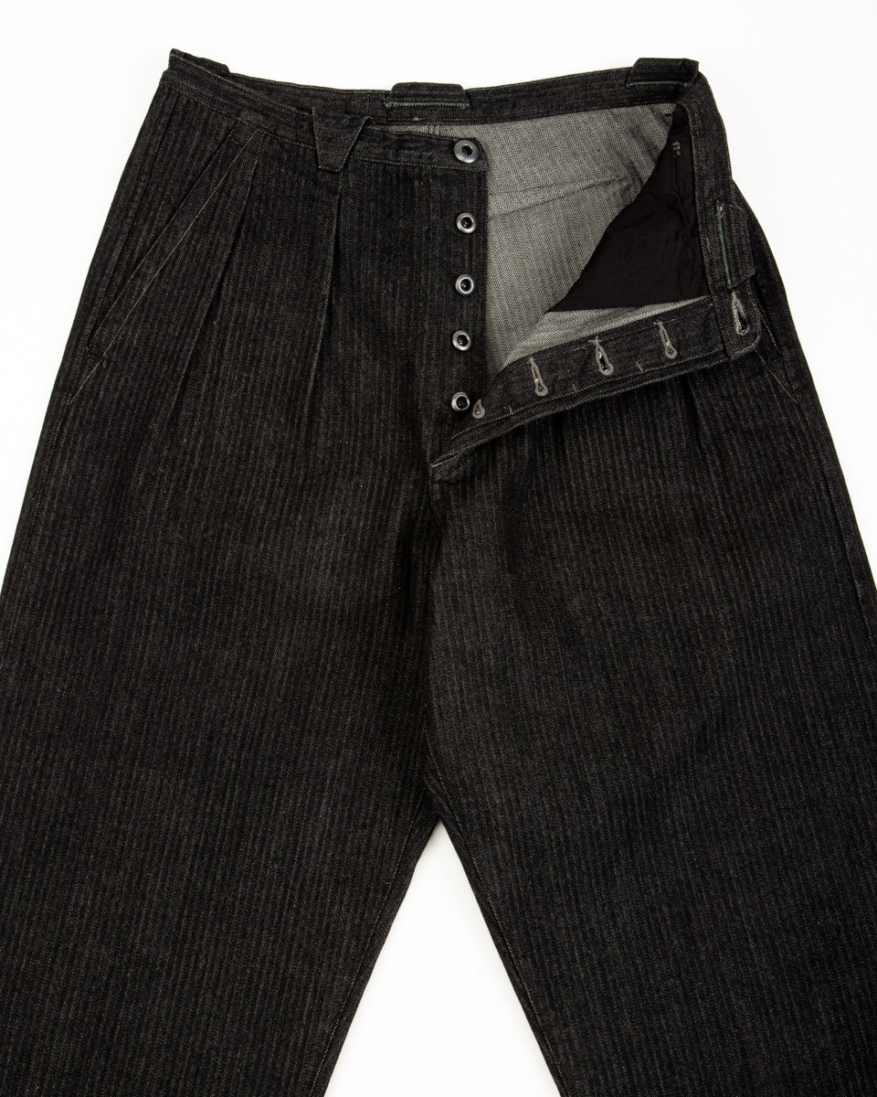 MotivMfg Pleat Denim Trousers - Black Herringbone Denim - Standard & Strange