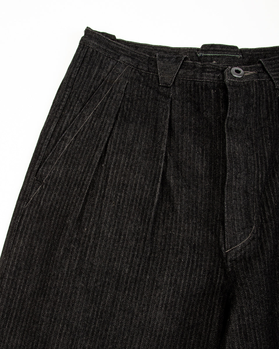 MotivMfg Pleat Denim Trousers - Black Herringbone Denim - Standard & Strange
