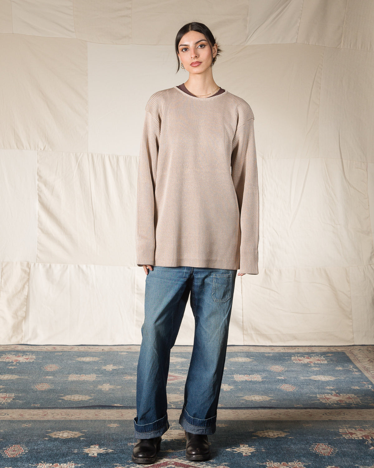 Olde H & Daughter Silk Hand Knitting Heavyweight Rib Pullover - Beige 8 - Standard & Strange