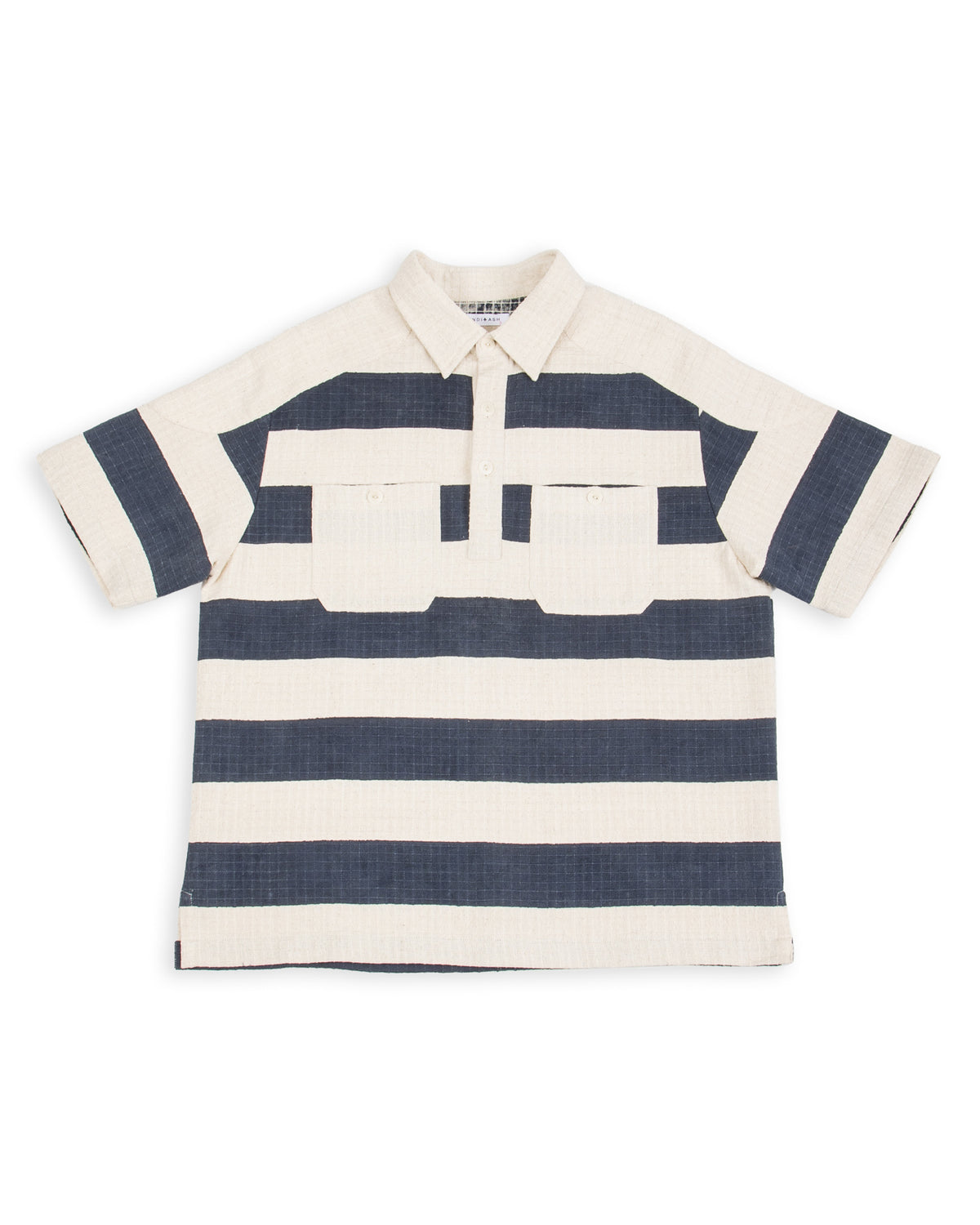 Indi + Ash Rugby Shirt - Handwoven Natural/Indigo Ripstop Black Print Stripe - Standard & Strange