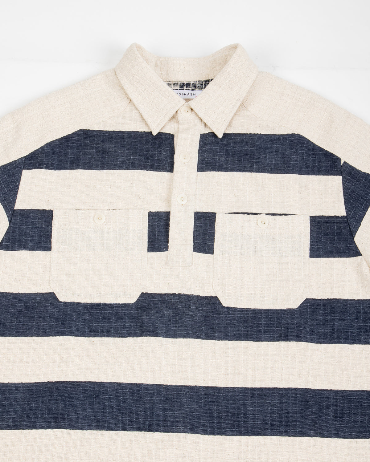 Indi + Ash Rugby Shirt - Handwoven Natural/Indigo Ripstop Black Print Stripe - Standard & Strange