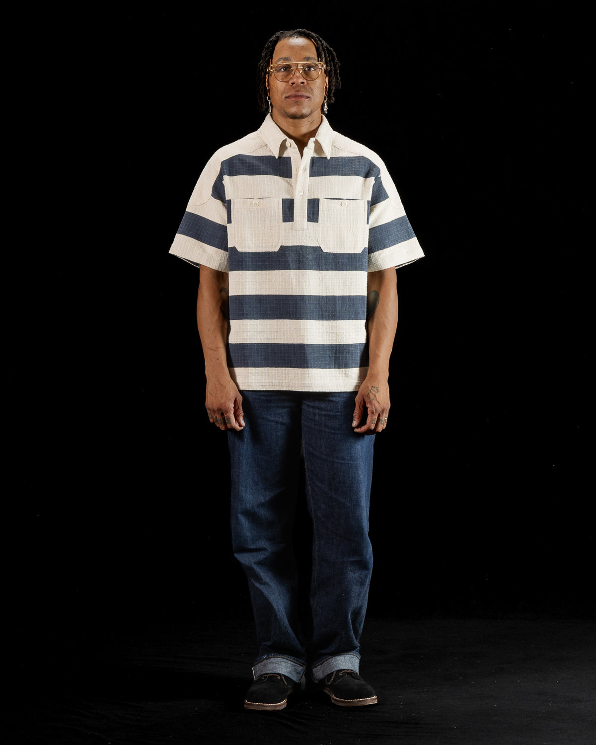 Indi + Ash Rugby Shirt - Handwoven Natural/Indigo Ripstop Black Print Stripe - Standard & Strange