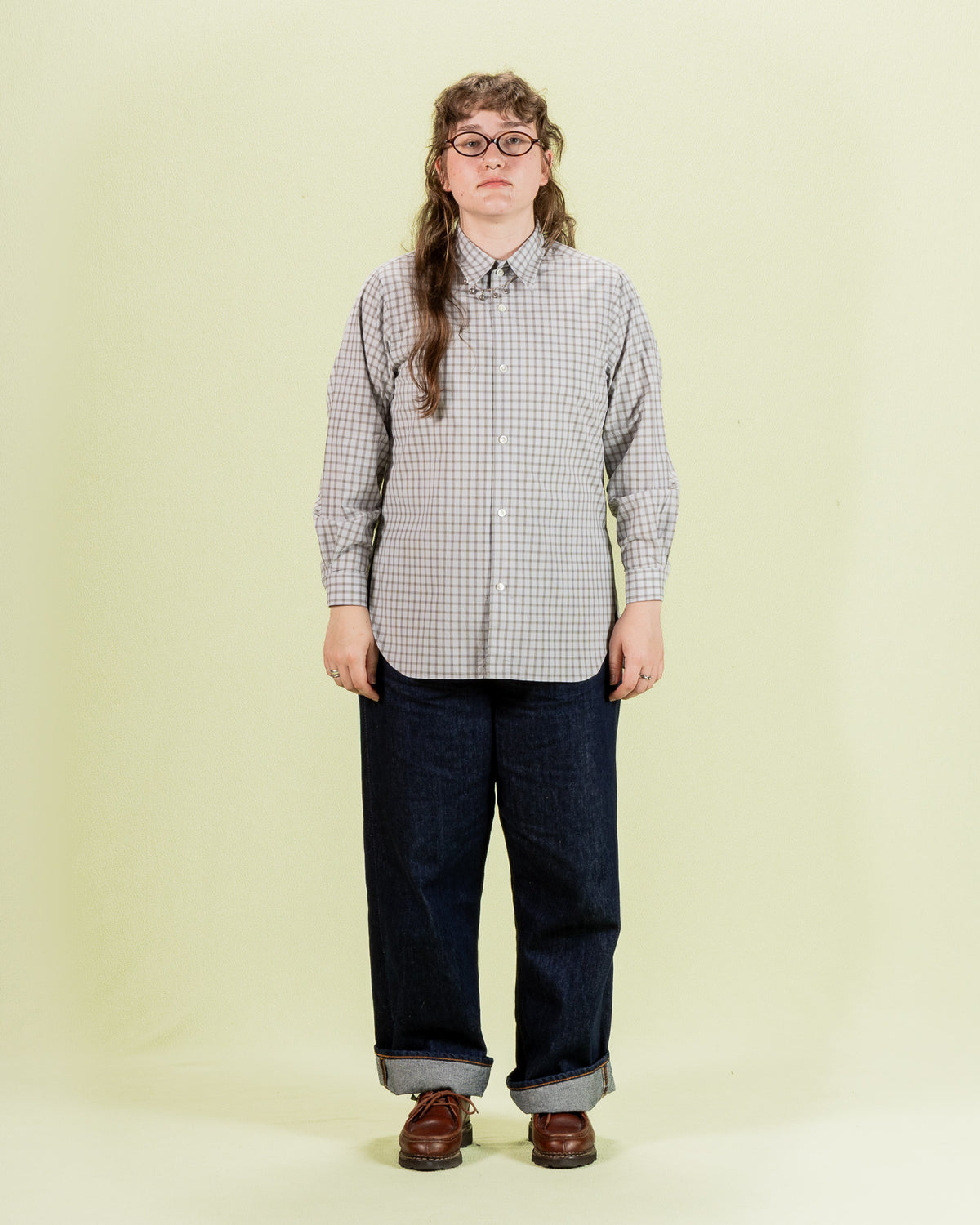 Senui Sally Side Slit Shirt - Green/Gray OG Typewriter Check 38/OS - Standard & Strange