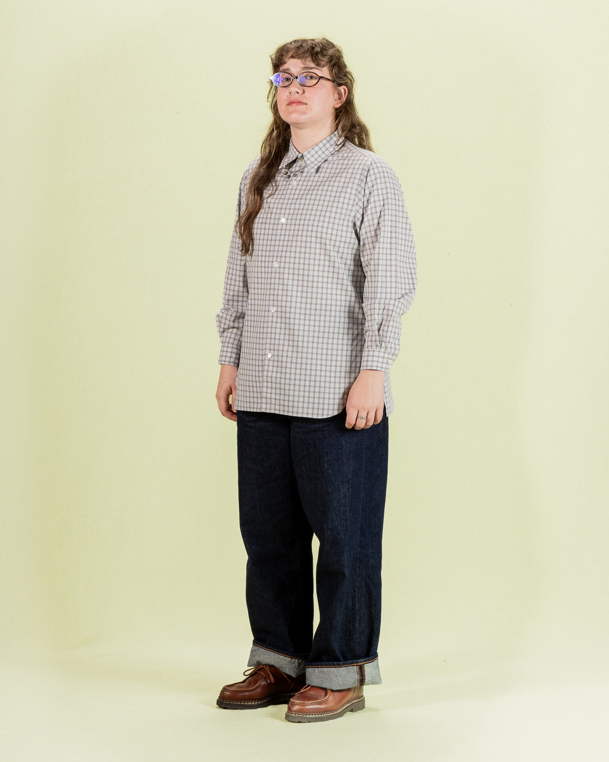 Senui Sally Side Slit Shirt - Green/Gray OG Typewriter Check 38/OS - Standard & Strange