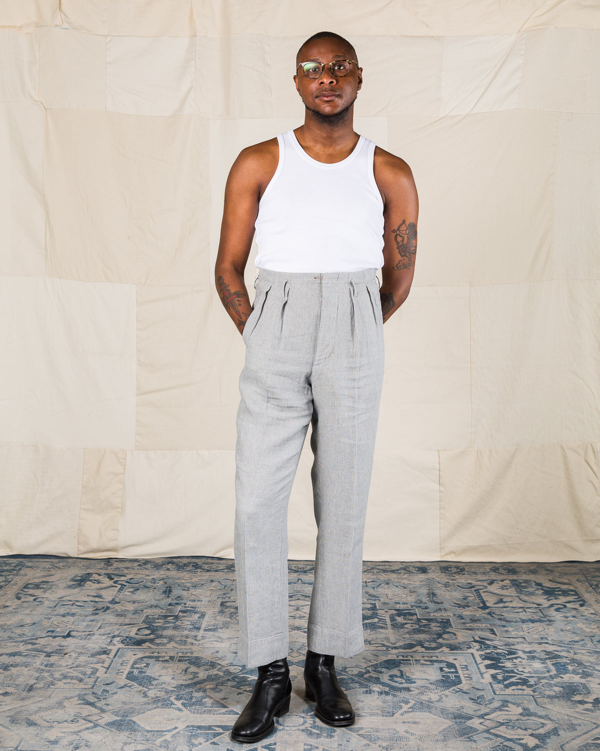 MotivMfg English Trousers - Light Grey Stripe High Twist Linen - Standard & Strange