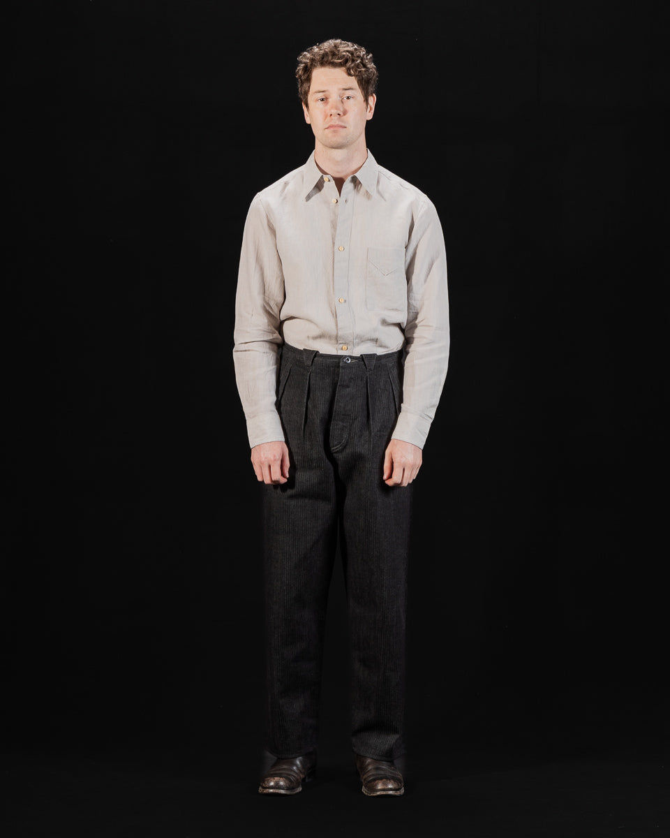 MotivMfg Pleat Denim Trousers - Black Herringbone Denim - Standard & Strange