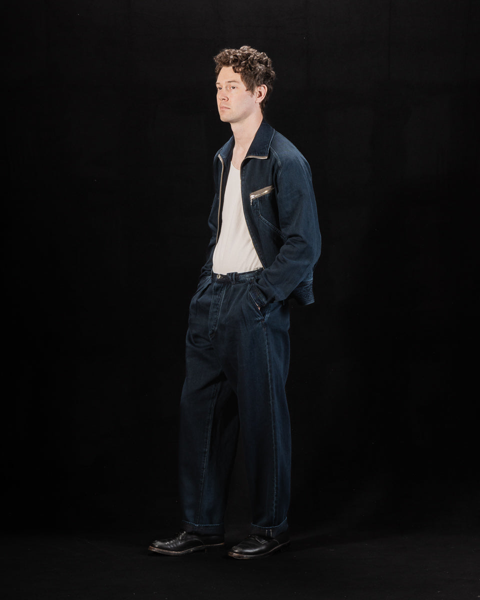 MotivMfg Pleat Denim Trousers - Char Navy Overdyed Linen Denim - Standard & Strange