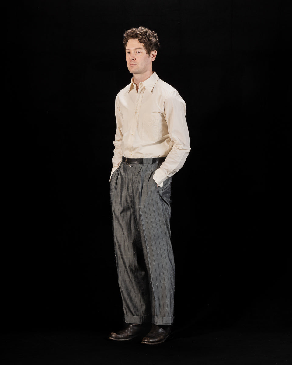 MotivMfg Robert Trousers - Vintage Grey Melange Stripe Dupioni - Standard & Strange