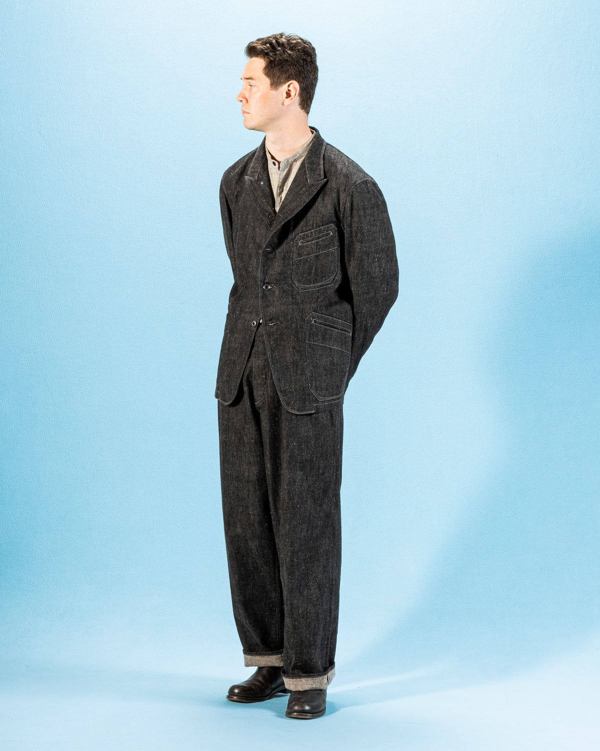 MotivMfg Peak Lapel Lounge Jacket - Char Brown Donegal Denim - Standard & Strange