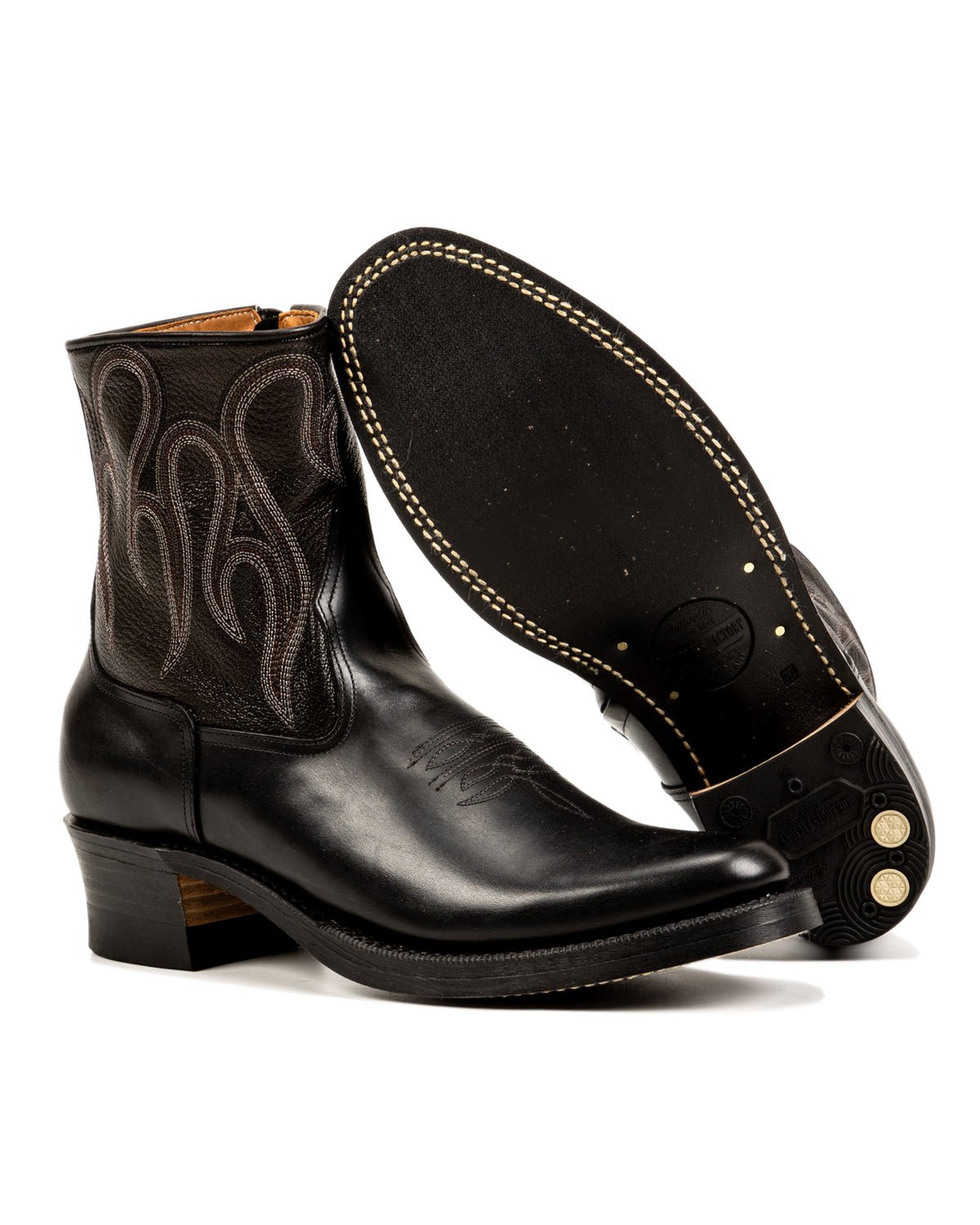 Rolling Dub Trio Loro Side Zip - Goat/Calf Black Flame Embroidery - Standard & Strange