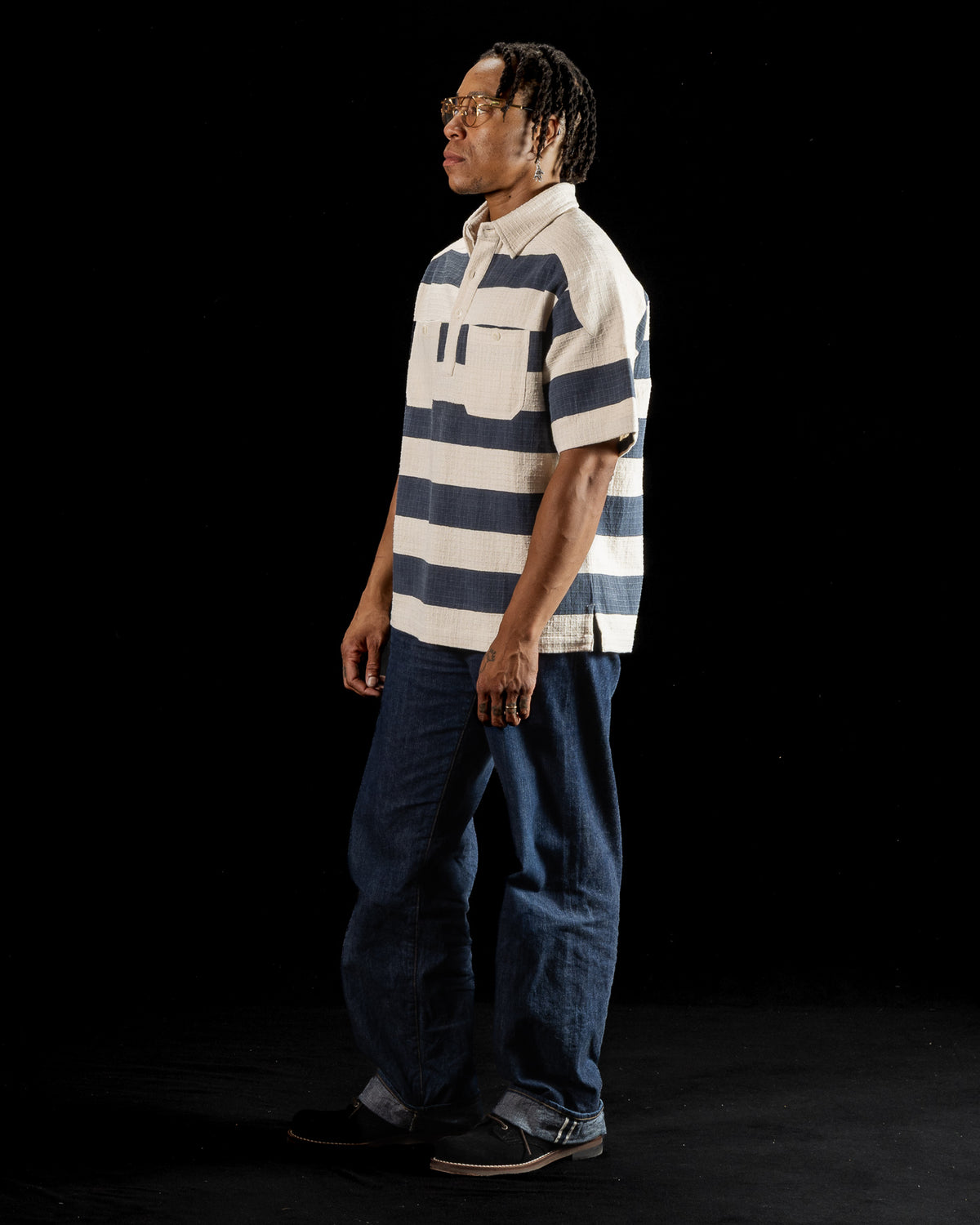 Indi + Ash Rugby Shirt - Handwoven Natural/Indigo Ripstop Black Print Stripe - Standard & Strange