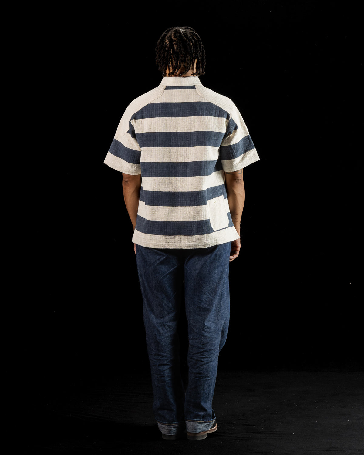 Indi + Ash Rugby Shirt - Handwoven Natural/Indigo Ripstop Black Print Stripe - Standard & Strange