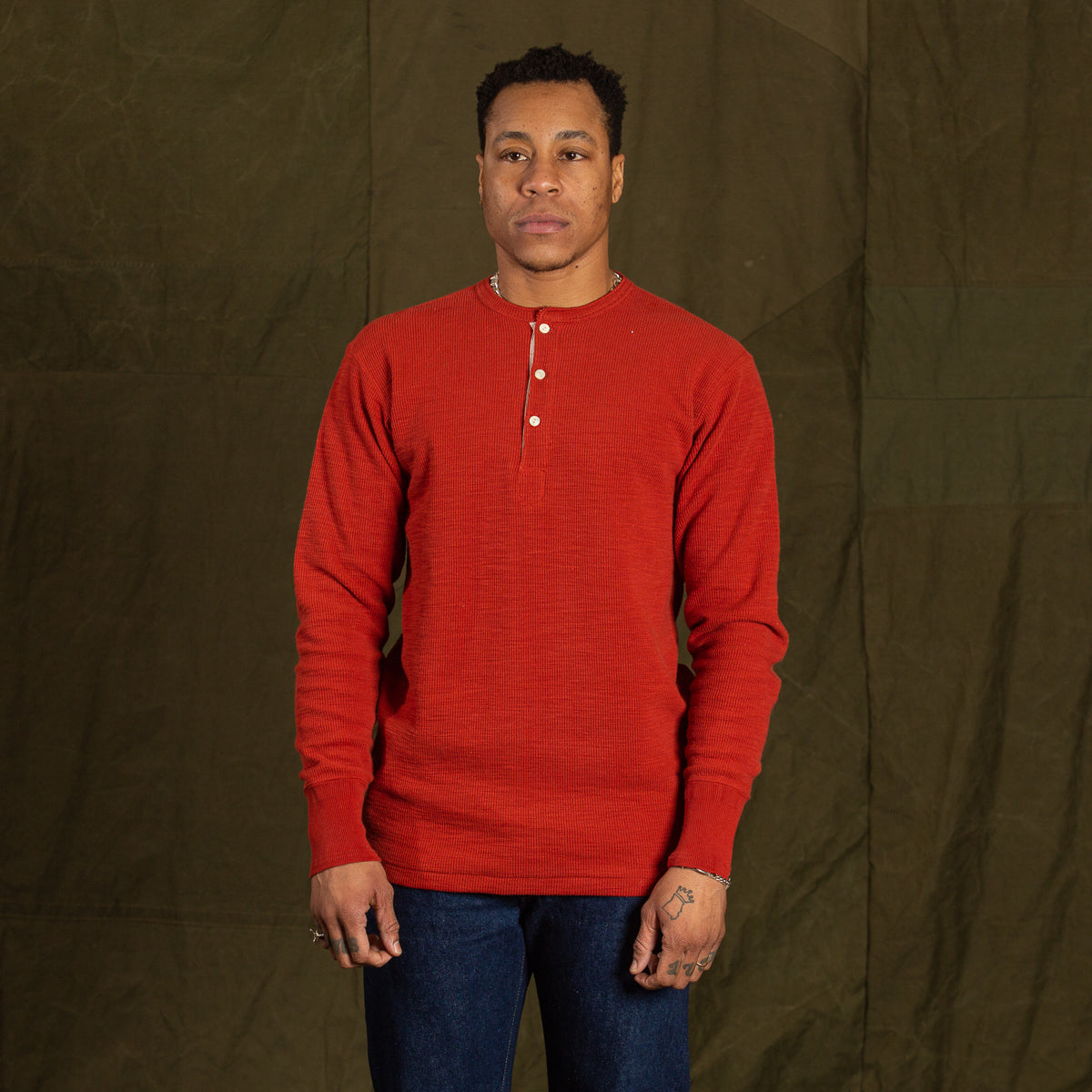 The Real McCoy's Western Cardigan Stitch Henley Shirt - Brick Red - Standard & Strange